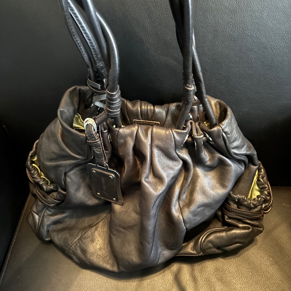 B. Makowsky Braided Double Straps Smooth Black Leather w/Pockets